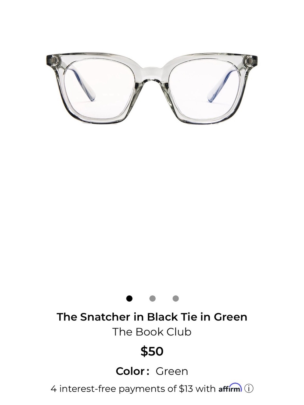 The Snatcher Clear-Frame Glasses in Green by The Book Club